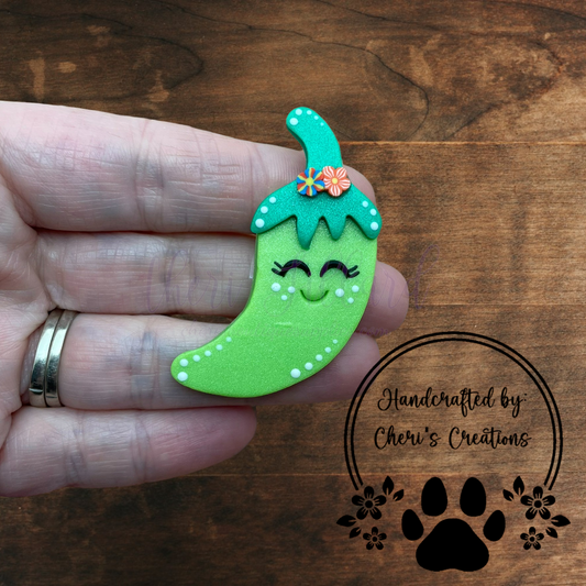 Green Chili Pepper Bow Center – Handmade Polymer Clay Embellishment