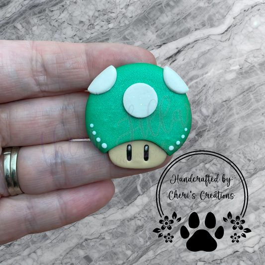 Green Cap Mushroom Bow Center – Handmade Polymer Clay Embellishment