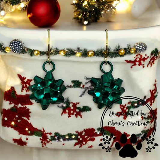 Festive Green Gift Bow Enamel Dangle Earrings