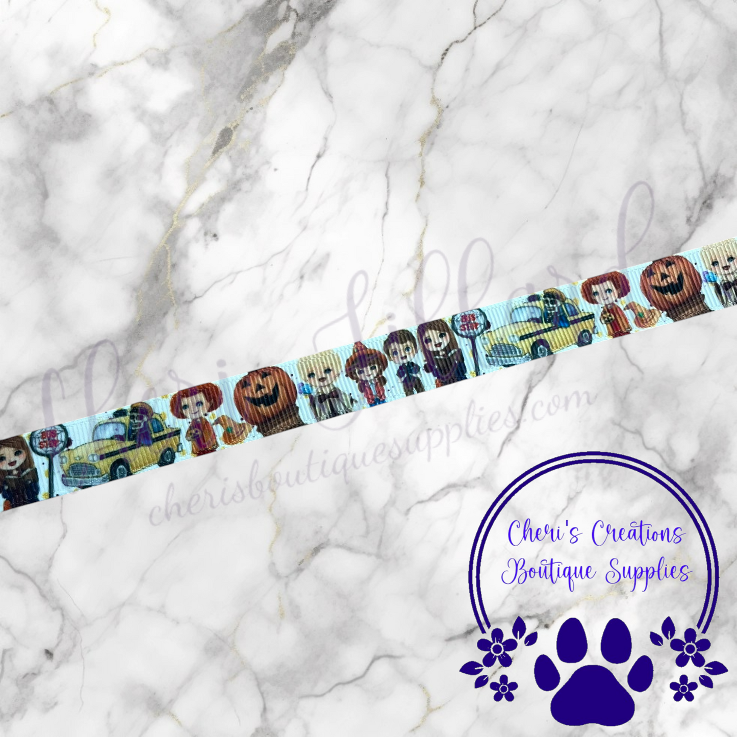 Town of Halloween Ribbon, Halloween Friends Ribbon, Cute Halloween Grosgrain Ribbon 5/8" 7/8" Grosgrain Ribbon by the Yard