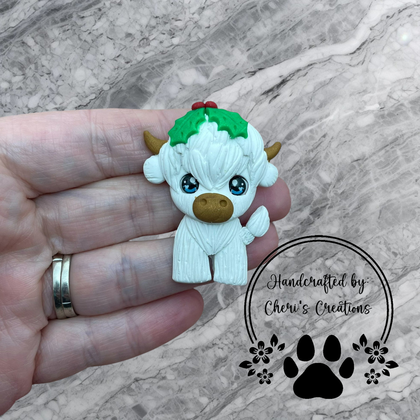 Festive Holly Shaggy Cow Polymer Clay Embellishment