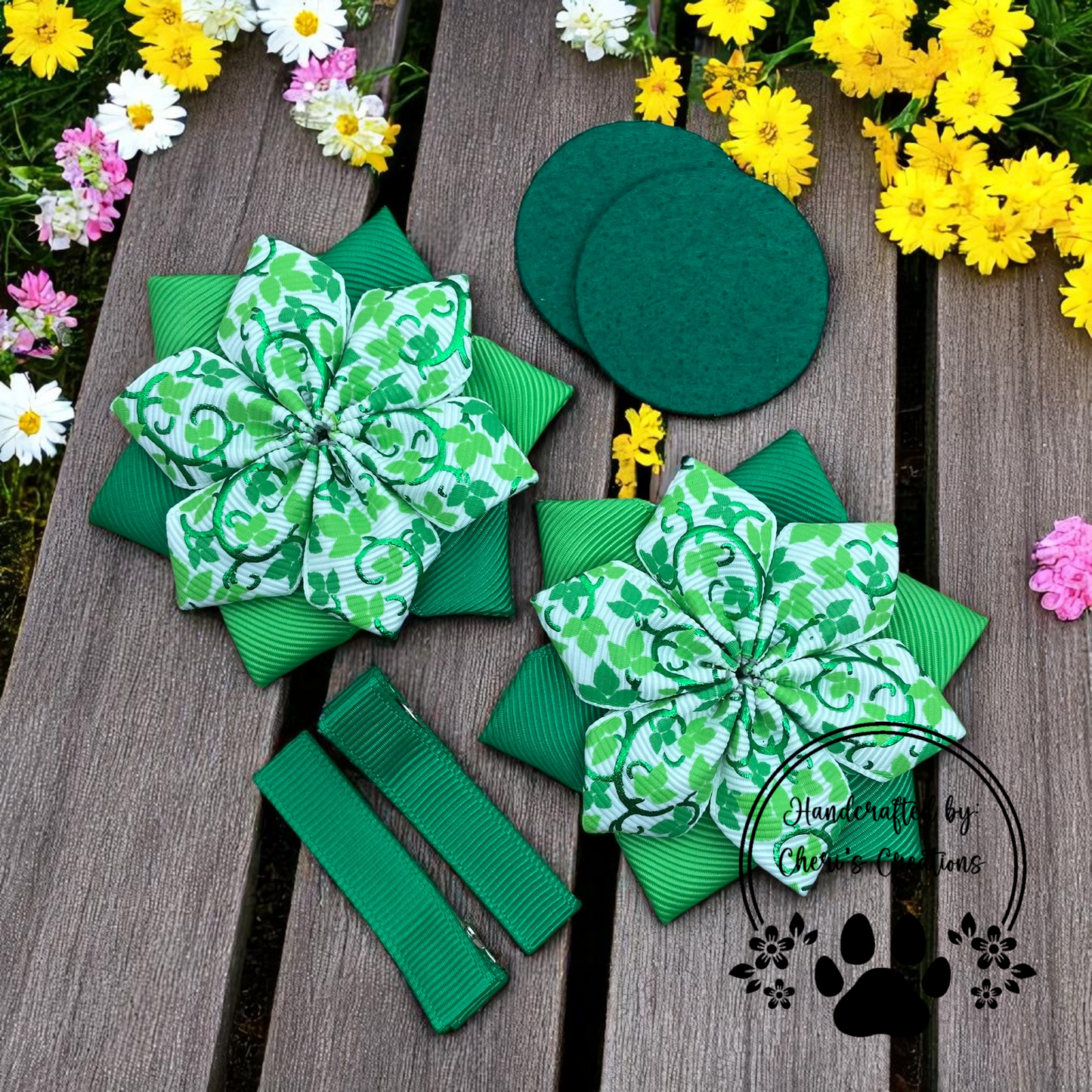 Green Foil Ivy Leaves DIY Flower Bow Kit – Elegant Vines Design for Handmade Hair Accessories