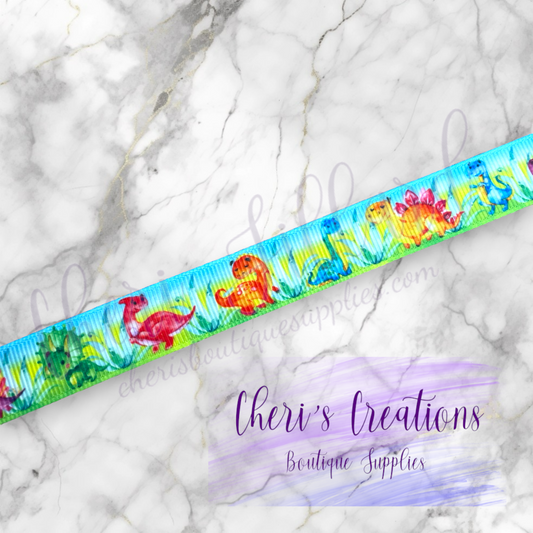 Rainbow Jurassic Dinosaur Grosgrain Ribbon – 5/8" & 7/8" | Colorful Dino Ribbon by the Yard | Fun Kids Craft Ribbon