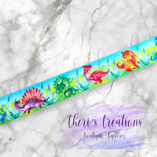 Rainbow Jurassic Dinosaur Grosgrain Ribbon – 5/8" & 7/8" | Colorful Dino Ribbon by the Yard | Fun Kids Craft Ribbon
