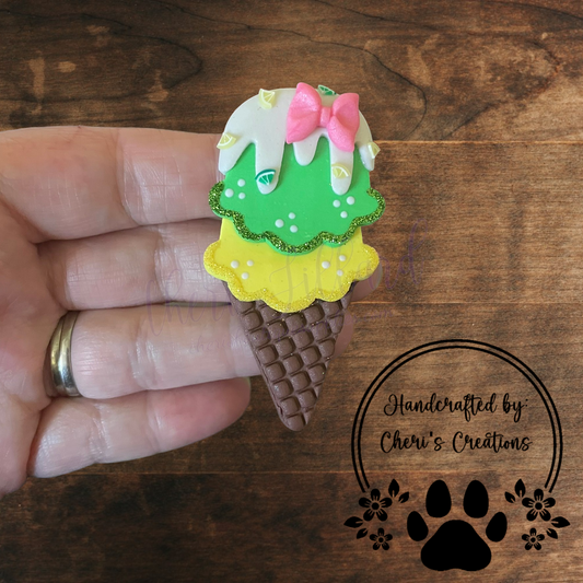 Lemon Lime Ice Cream Cone Bow Center – Handmade Polymer Clay Embellishment