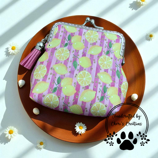 Lemon Print Faux Leather Change Purse – Handmade Kiss Clasp Coin Pouch