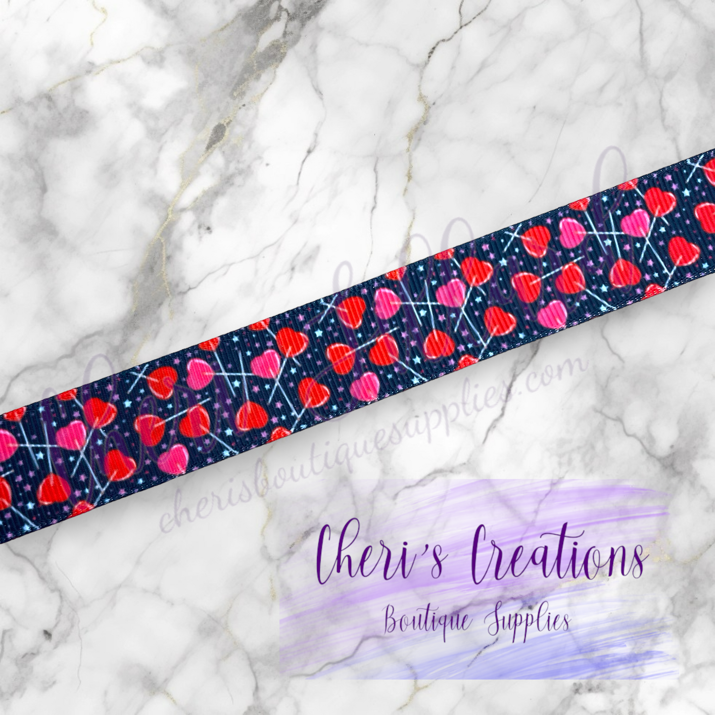 Scattered Valentine Heart Lolly Pops 5/8" 7/8" Grosgrain Ribbon by the Yard