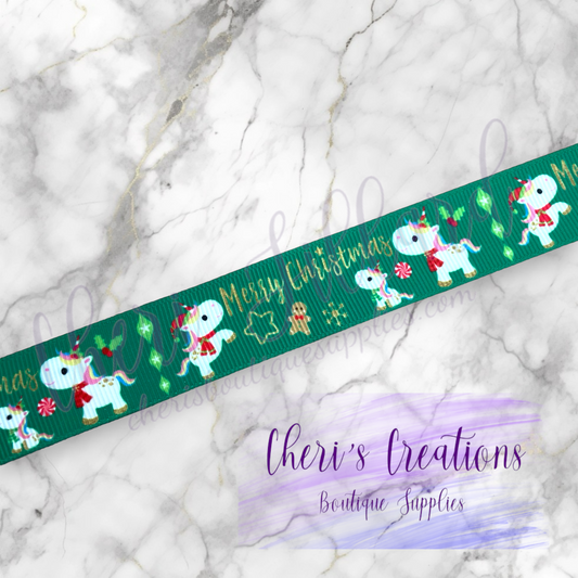 Cute Christmas Unicorn 7/8" Grosgrain Ribbon by the Yard