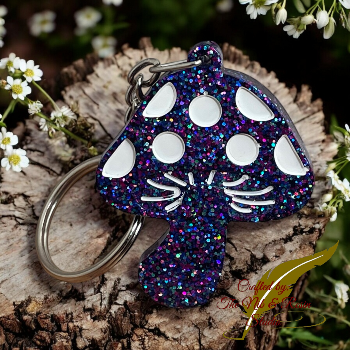 Mini Mushroom Keychain – Inside Out Purple Glitter Resin Mushroom Keychain