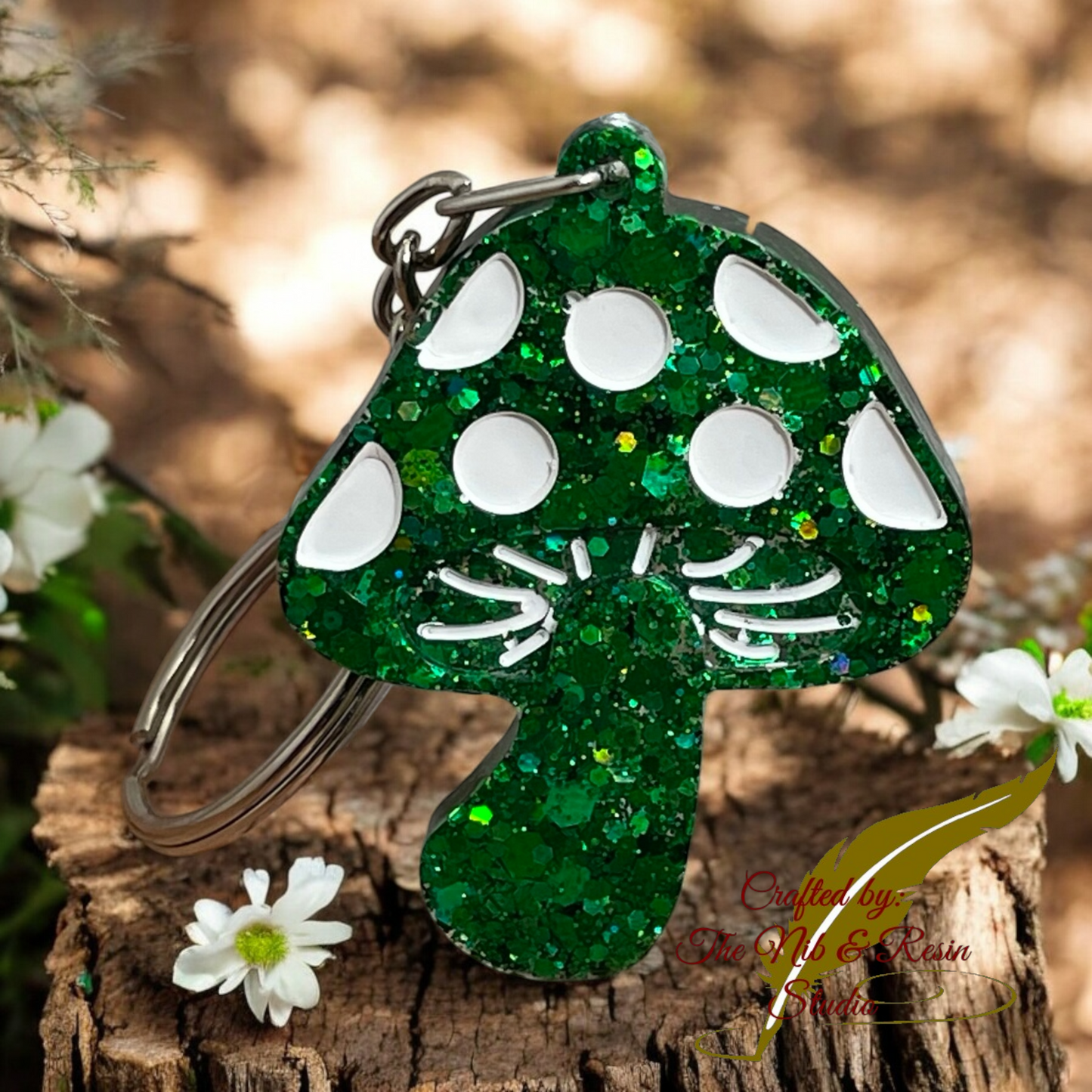 Mini Mushroom Keychain – Palace of Oz Green Glitter Resin Mushroom Keychain