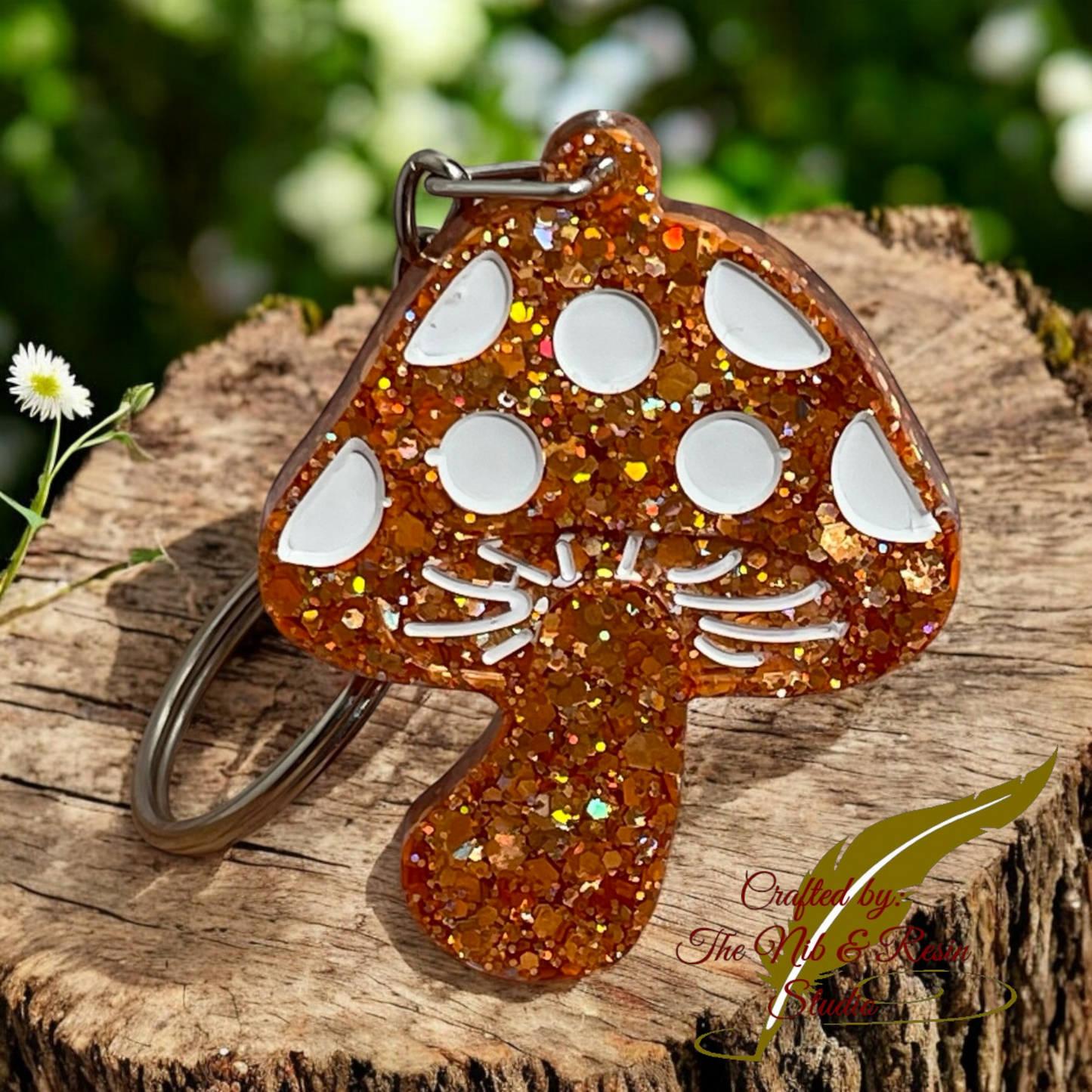 Mini Mushroom Keychain – Pumpkin Spice Glitter Resin Mushroom Keychain
