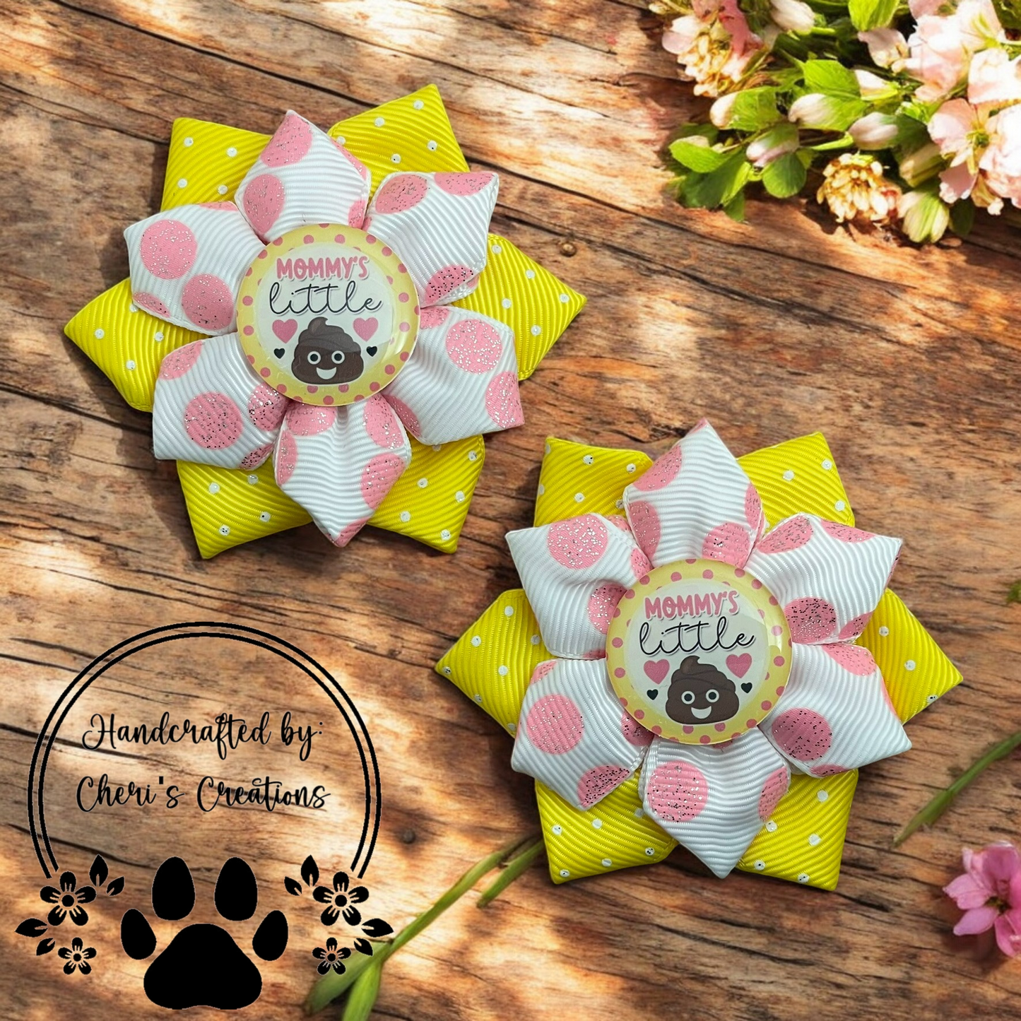 Funny Polka Dot Hair Bows – “Mommy’s Little…” Poop Emoji Flower Bows for Kids – Snap Clip or Alligator Clip