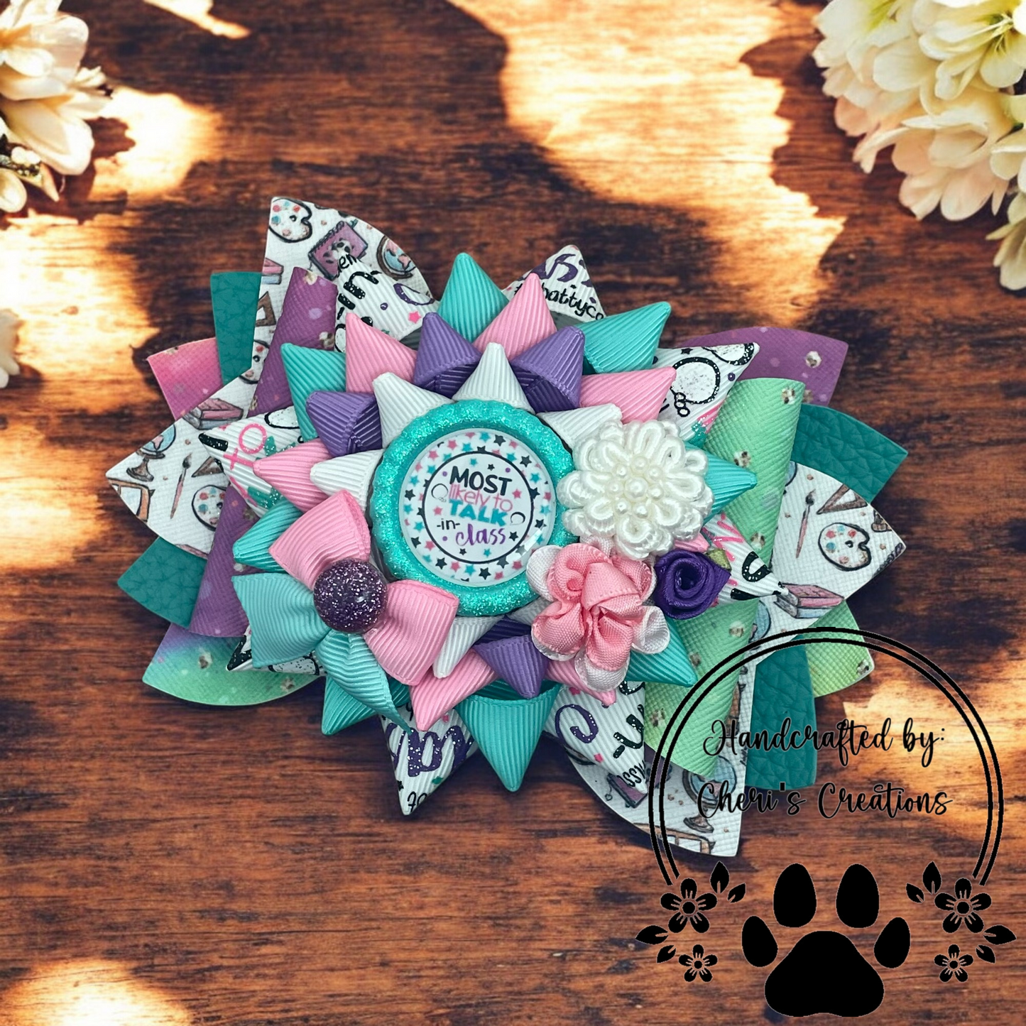 Most Likely to Talk in Class Hair Bow – Handmade Faux Leather Bow with Sparkling Center & Floral Embellishments