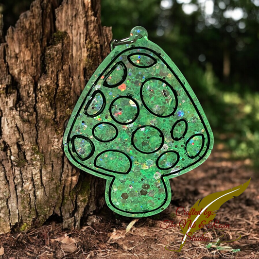 Mushroom Keychain – Slimer Iridescent Green Glow Glitter Resin Mushroom Keychain