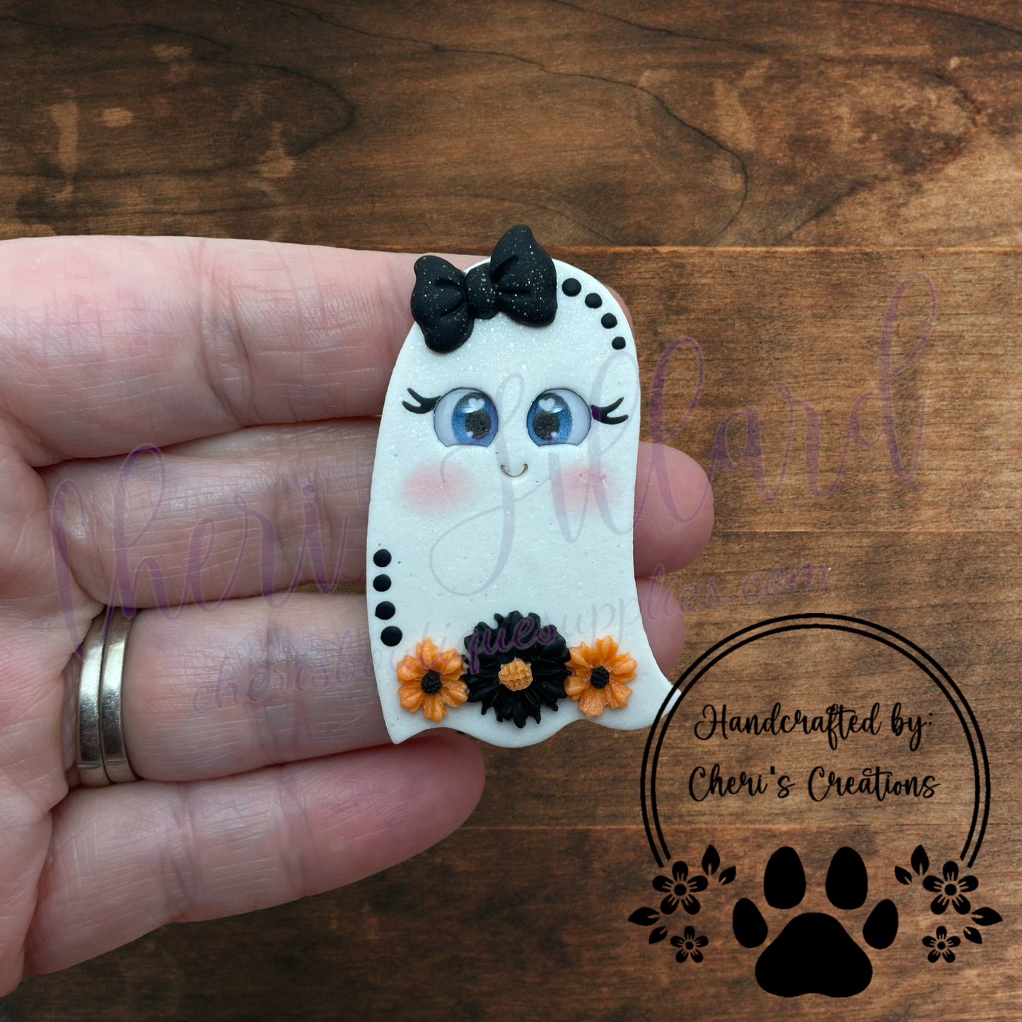 Orange Floral Ghost Bow Center – Handmade Polymer Clay Embellishment