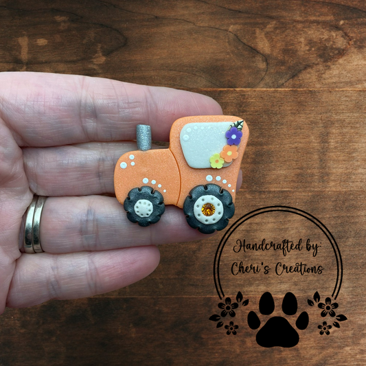 Orange Tractor Bow Center – Handmade Polymer Clay Embellishment