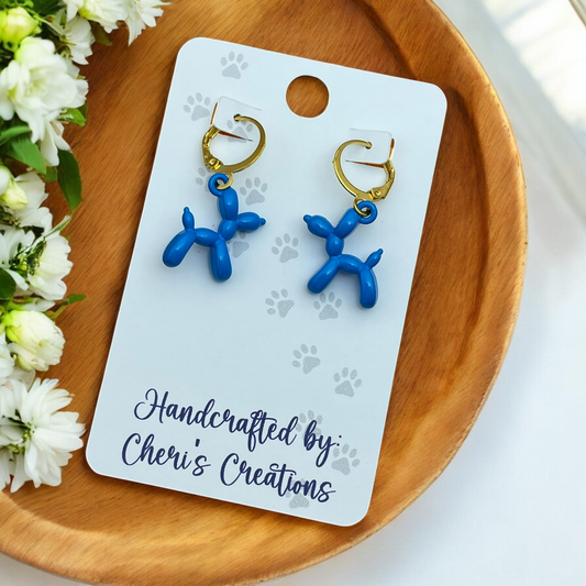 Playful Blue Balloon Dog Enamel Dangle Earrings