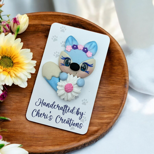 Blue Spring Daisy Fox Polymer Clay Embellishment