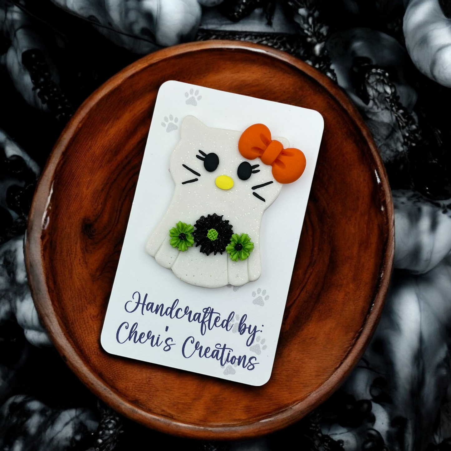 Spooky Floral Ghost Cat Polymer Clay Embellishment