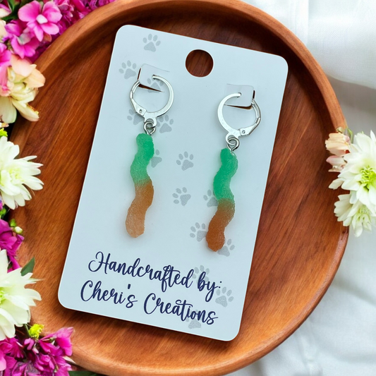 Retro Green & Orange Gummy Worm Acrylic Dangle Earrings