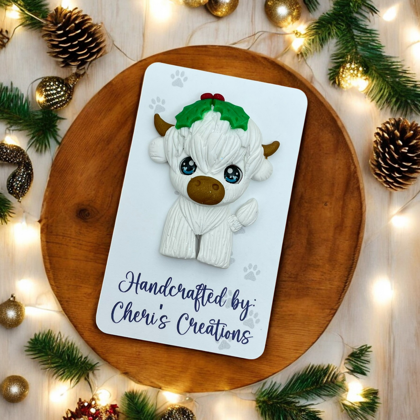 Festive Holly Shaggy Cow Polymer Clay Embellishment