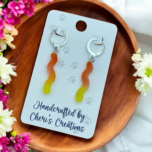 Retro Orange & Yellow Gummy Worm Acrylic Dangle Earrings
