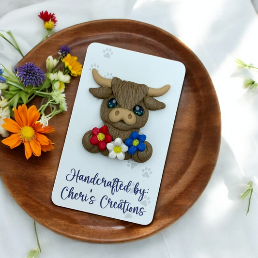 Patriotic Floral Highland Cow Polymer Clay Embellishment