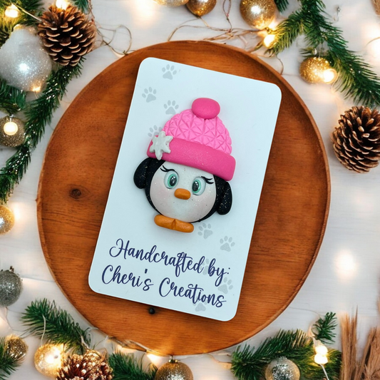 Playful Pink Beanie Penguin Polymer Clay Embellishment