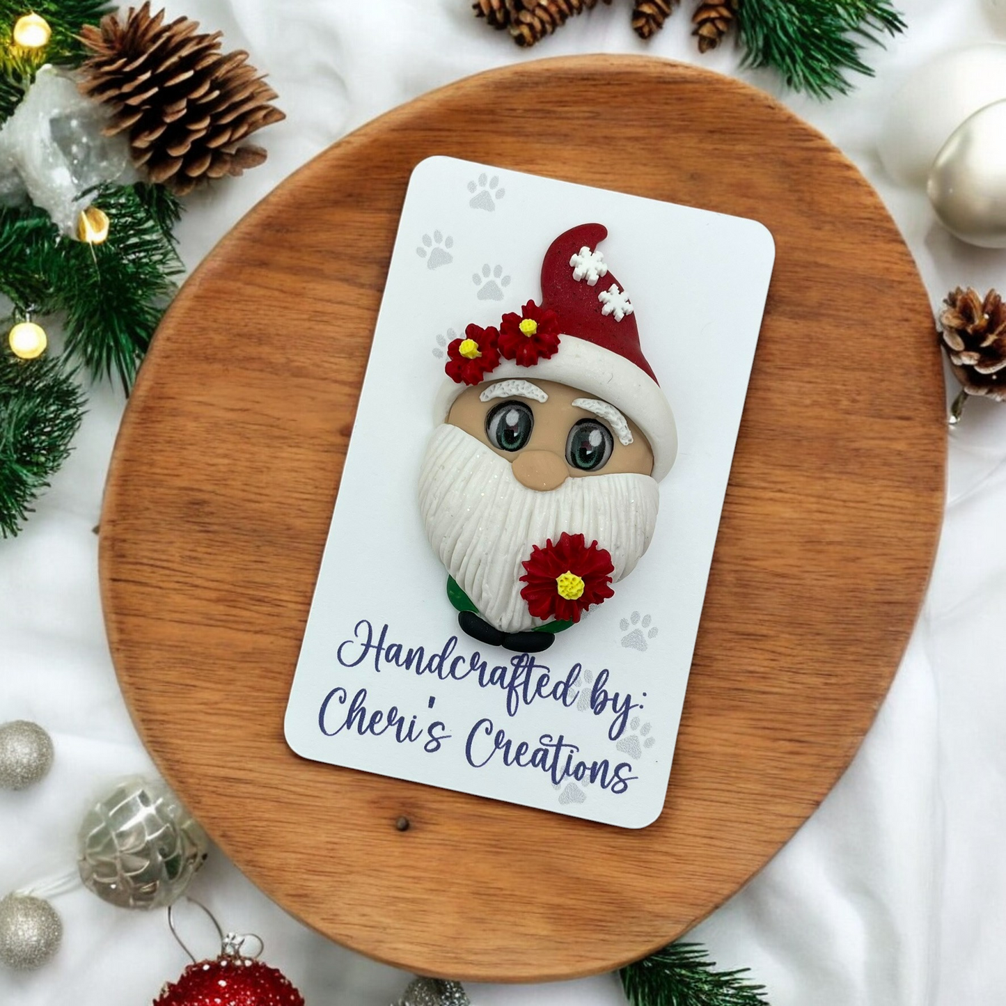 Festive Poinsettia Gnome Polymer Clay Embellishment