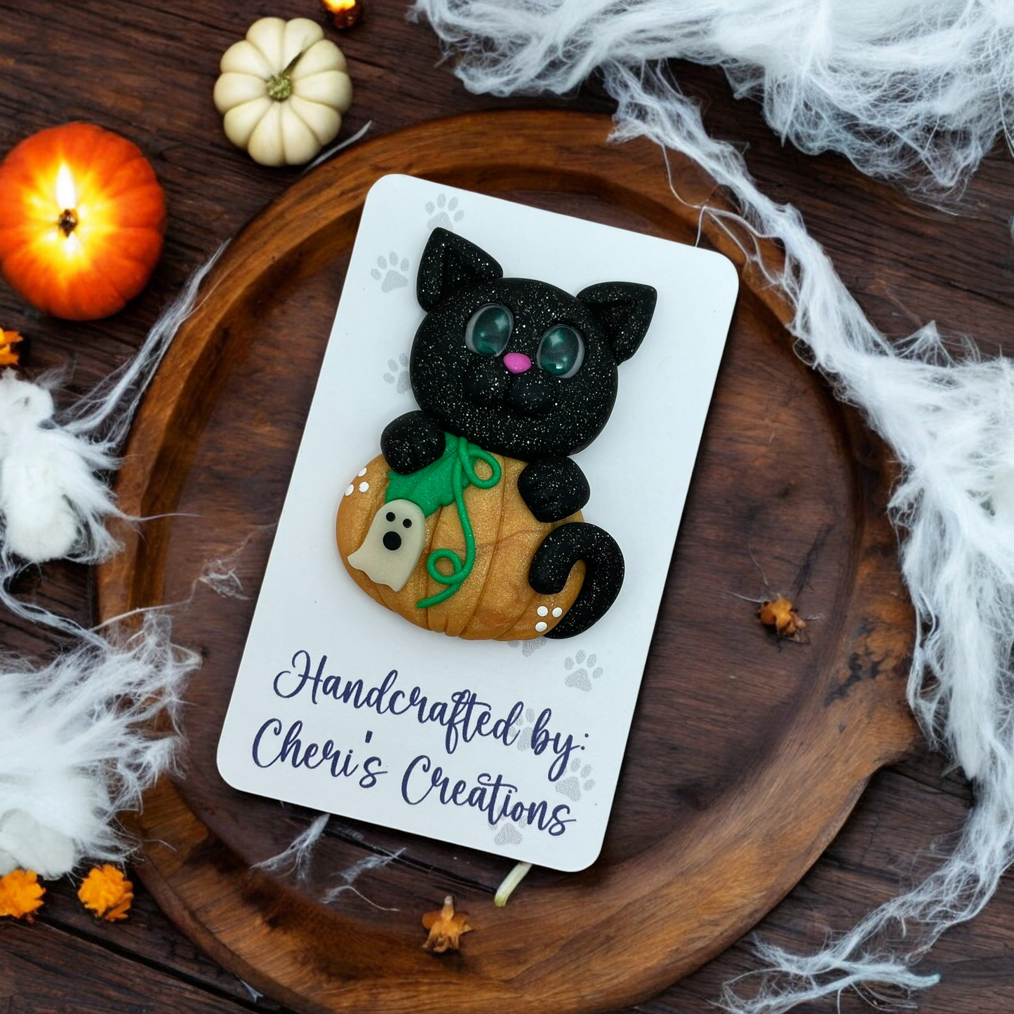 Cute & Spooky Pumpkin Cat Polymer Clay Embellishment