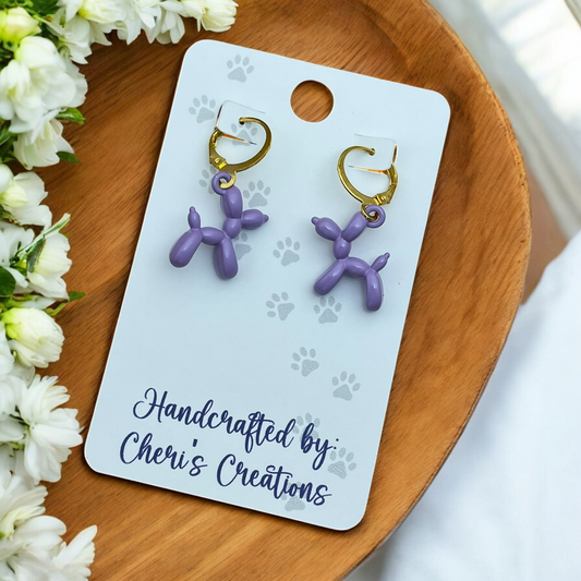 Playful Purple Balloon Dog Enamel Dangle Earrings