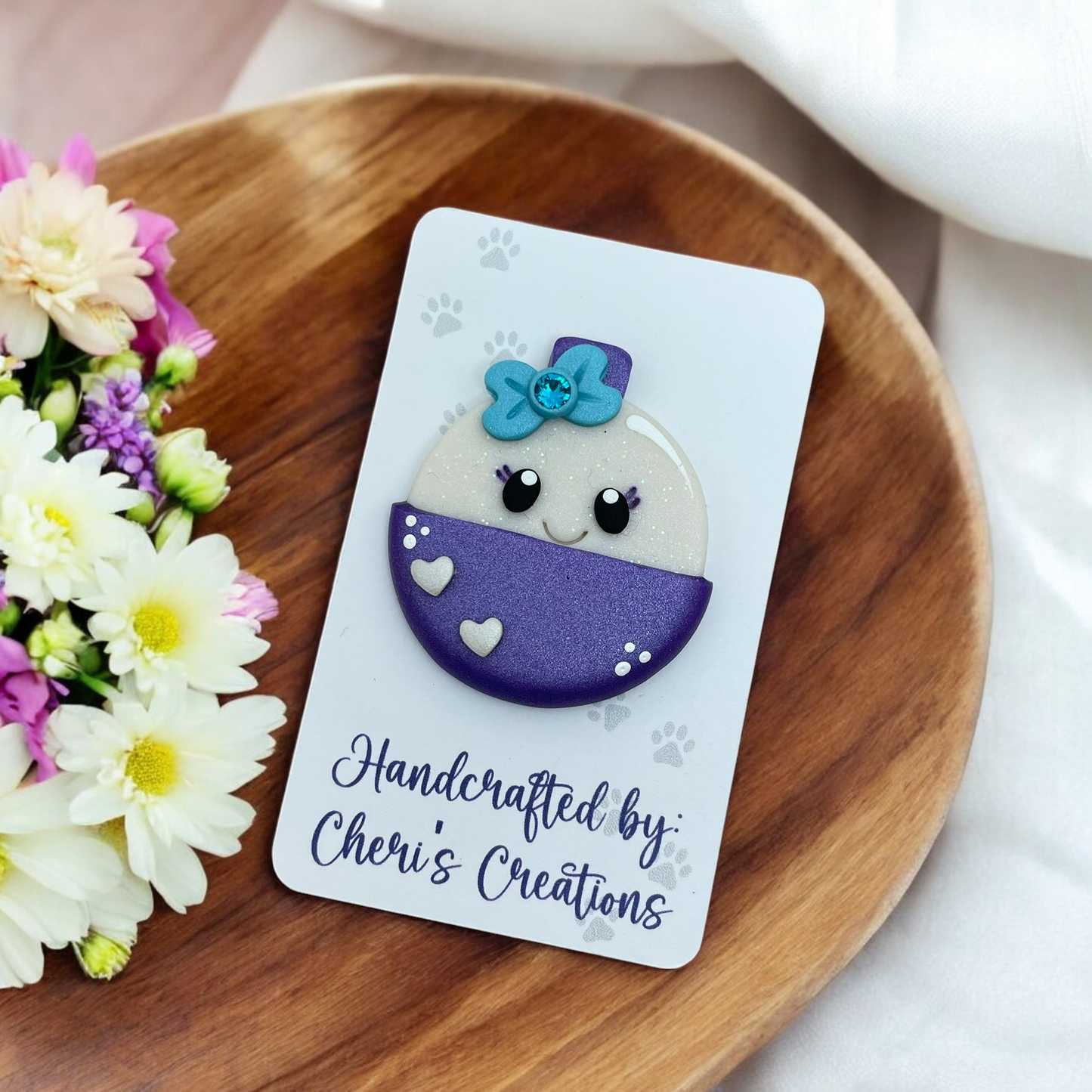 Stylish Purple & White Fishing Bobber Polymer Clay Embellishment