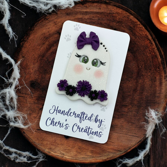 Spooky & Sweet Purple Floral Ghost Polymer Clay Embellishment