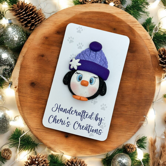 Whimsical Purple Beanie Penguin Polymer Clay Embellishment