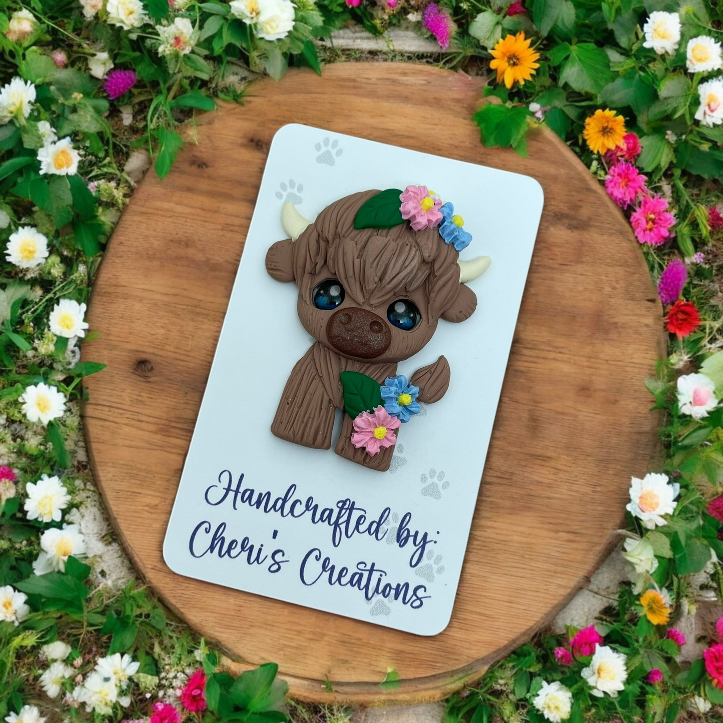 Sweet Spring Floral Shaggy Cow Polymer Clay Embellishment