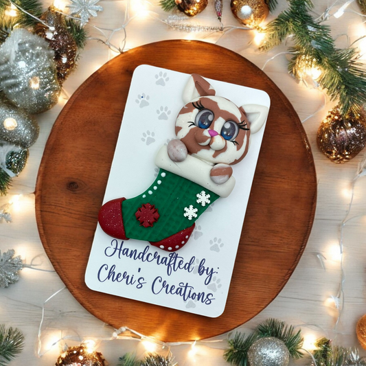 Festive Stocking Kitten Polymer Clay Embellishment