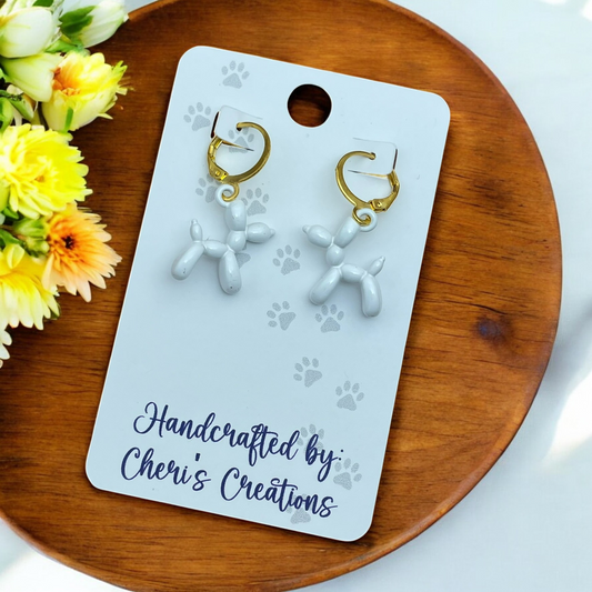 Playful White Balloon Dog Enamel Dangle Earrings