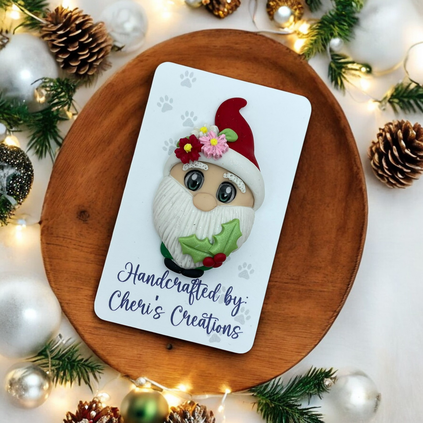Enchanting Winter Floral Gnome Polymer Clay Embellishment