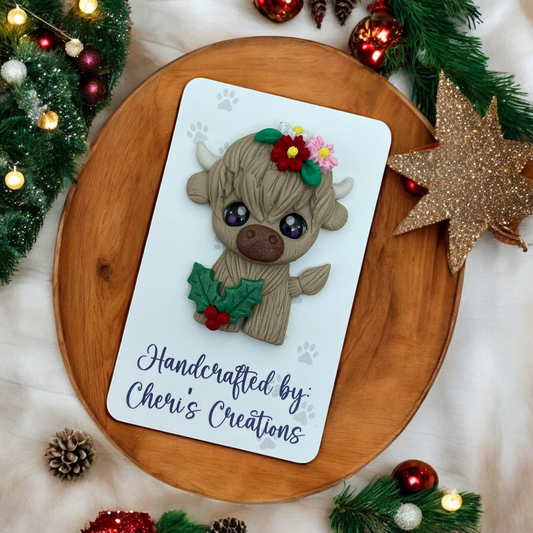 Winter Floral Shaggy Cow Polymer Clay Embellishment
