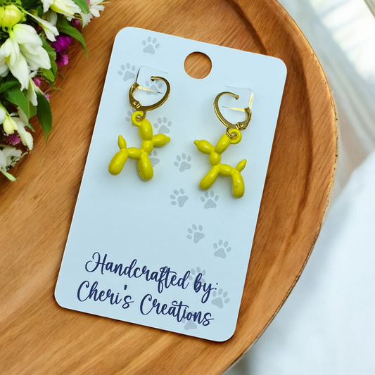 Playful Yellow Balloon Dog Enamel Dangle Earrings