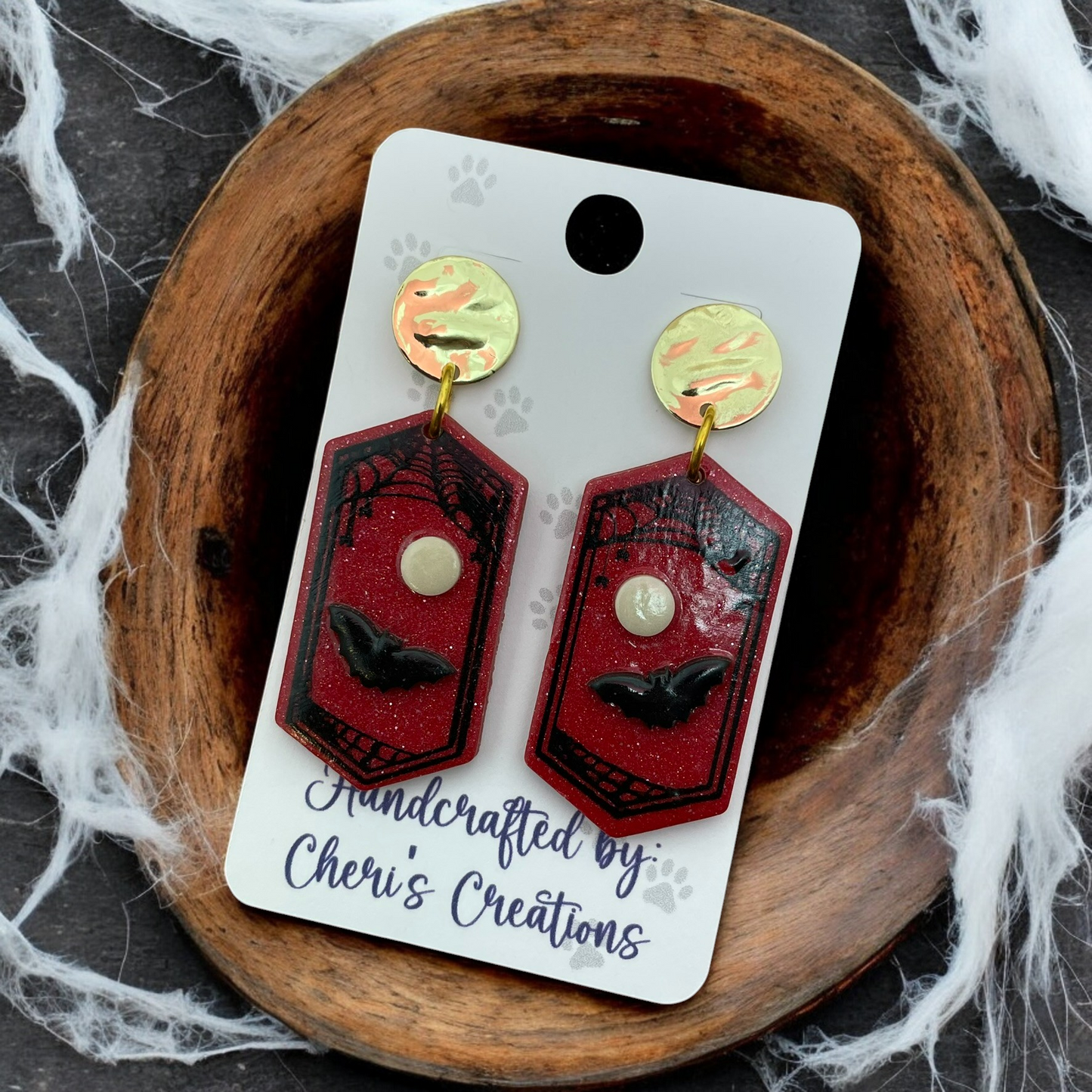 Glowing Moon & Bat Polymer Clay Dangle Earrings