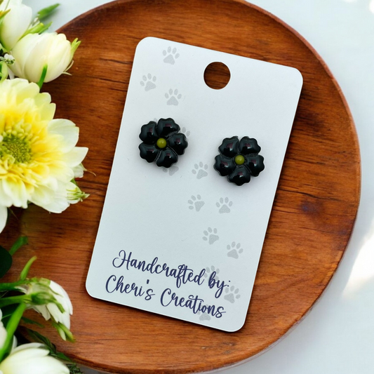 Black 5 Petal Flower Polymer Clay Stud Earrings