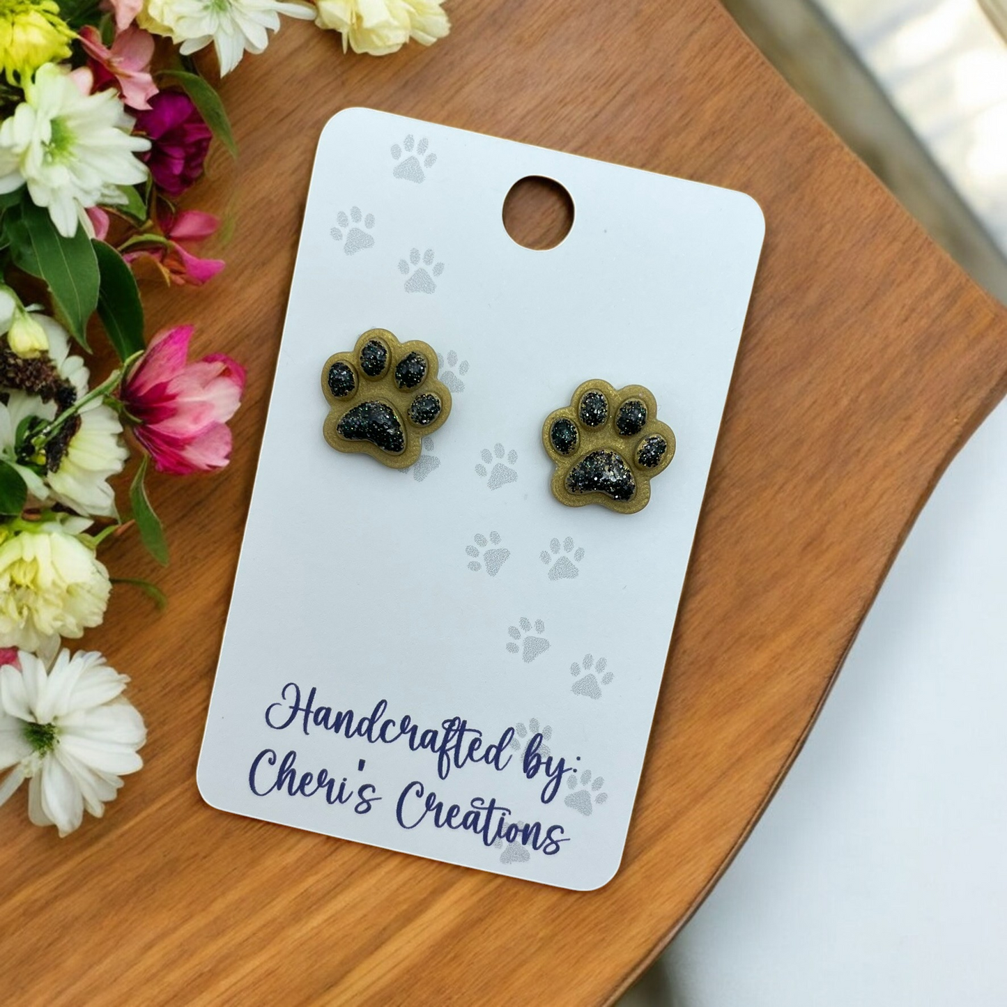 Gold & Black Paw Prints Polymer Clay Stud Earrings