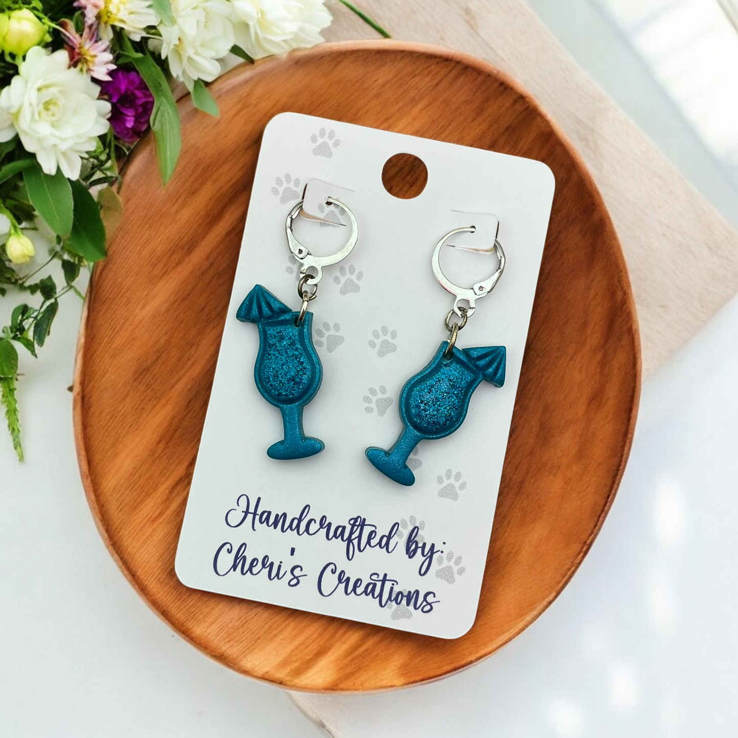 Peacock Cocktail Glasses Polymer Clay Dangle Earrings