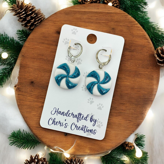 Peppermint Candies in Blue Polymer Clay Dangle Earrings