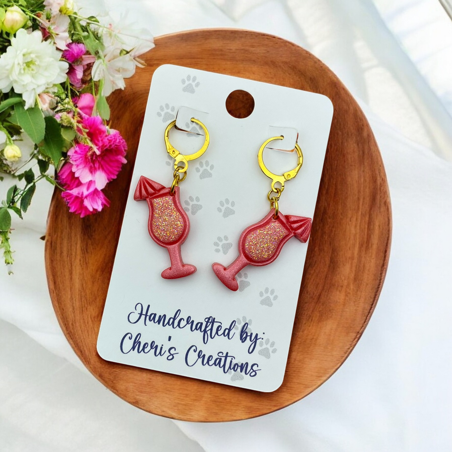 Coral Cocktail Glasses Polymer Clay Dangle Earrings