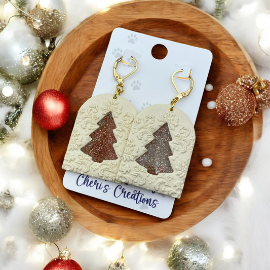 Golden Damask Christmas Polymer Clay Dangle Earrings