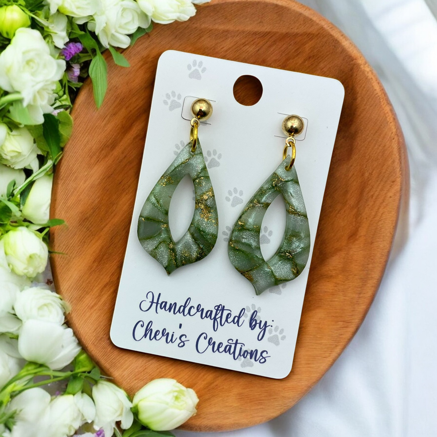 Green & Gold Teardrop Polymer Clay Dangle Earrings