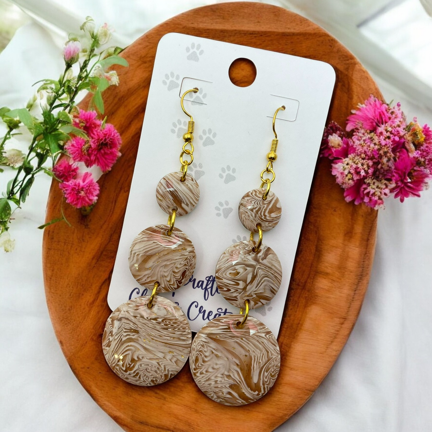 Faux Wood Grain Circles Polymer Clay Dangle Earrings