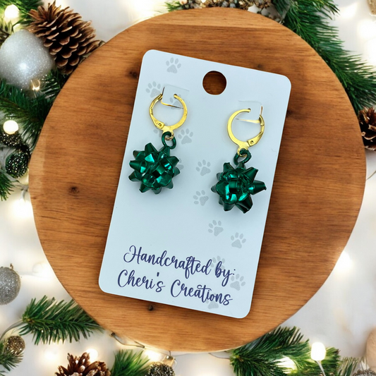 Festive Green Gift Bow Enamel Dangle Earrings